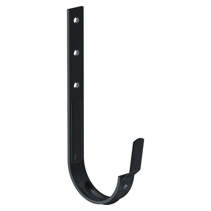 Sarei Dachrinnenhalter - Nennweite: 80 mm, Anthrazit, Stahl - Nahaufnahme einer schwarzen Dachrinnenhalterung mit Befestigungslöchern und einer stabilen J-Form zur sicheren Anbringung von Dachrinnen.