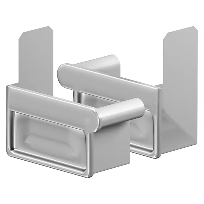 Sarei Rinnenendstück - Nennweite: 70 mm, Aluminium, Silber, Links & Rechts - Zwei silberne Toilettenpapierhalter mit modernem Design vor einem schwarzen Hintergrund, ideal für jedes Badezimmer.