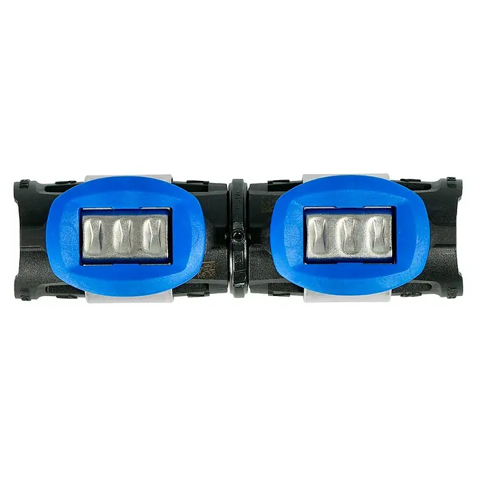 Geberit FlowFit Presskupplung 620.010.00.1 - Durchmesser: 16 mm - Ein blau-silbernes elektronisches Halsband für Haustiere im Querformat. Das Halsband ist schwarz und hat eine zentrale Verbindung.
