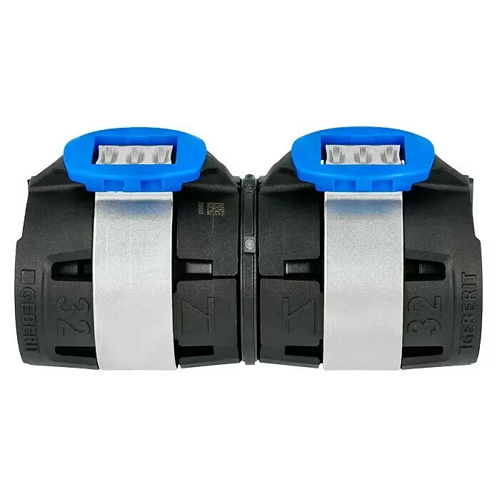 Geberit FlowFit Presskupplung 620.013.00.1 - Durchmesser: 32 mm - Dunkelgraue Geberit Rohrkupplung mit blauen Klemmen und silbernen Bändern, markiert mit '32'.
