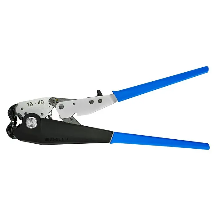 Geberit FlowFit Handpresszange 691.030.00.1 - Passend für: Verbundrohre 16-40 mm - Eine Rohrzange mit blauen Griffen und silberfarbenen Backen, die zum Verpressen von Rohren verwendet wird. Präzises Werkzeug für Installateure.