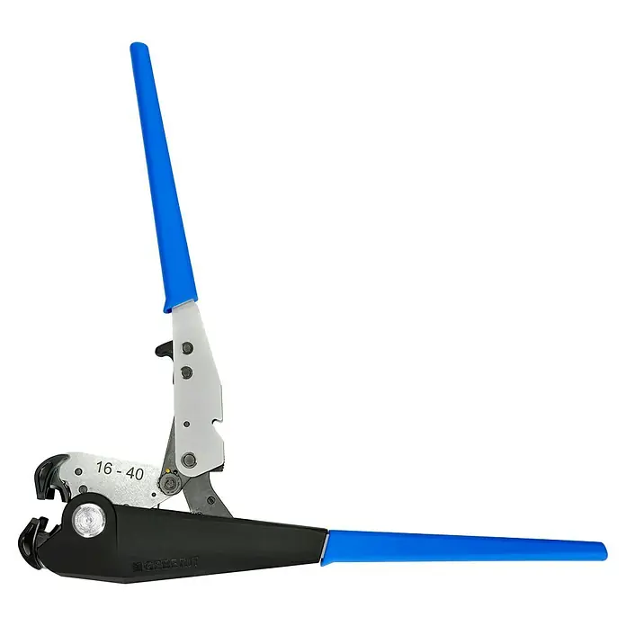 Geberit FlowFit Handpresszange 691.030.00.1 - Passend für: Verbundrohre 16-40 mm - Eine Rohrzange mit blauen Griffen und silbernem Kopf, die für verschiedene Rohrdurchmesser geeignet ist. Werkzeug zum Installieren von Rohren.