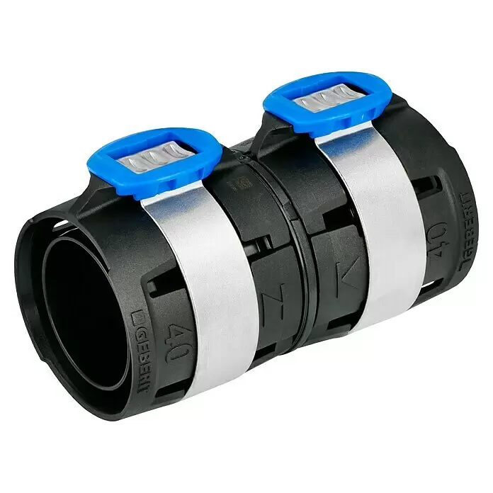 Geberit FlowFit Presskupplung 620.014.00.1 - Durchmesser: 40 mm - Schwarzer Kunststoff-Rohrverbinder mit zwei Silberbändern und blauen Schnellverschlussclips.