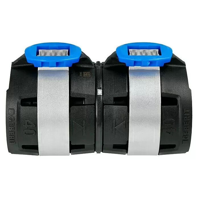Geberit FlowFit Presskupplung 620.014.00.1 - Durchmesser: 40 mm - Schwarze Geberit Rohrkupplung, Größe 40, mit silbernen Bändern und blauen Klammern.