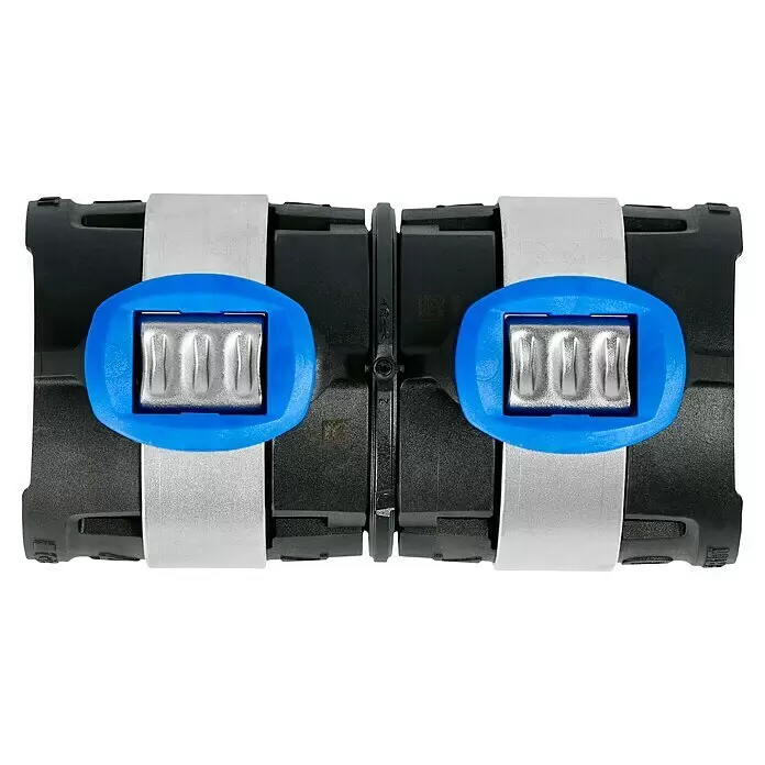 Geberit FlowFit Presskupplung 620.014.00.1 - Durchmesser: 40 mm - Schwarzer elektrischer Verbinder mit zwei Modulen, blauen Hebeln und silbernen Klemmmechanismen.