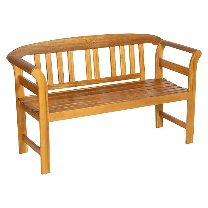 Acamp Gartenbank Batam - B x T x H: 110 x 50 x 80 cm, Akazie, Geölt, Braun - Gartentisch aus Holz mit Armlehnen und Rückenlehne mit geschnitztem Rosendesign, ideal für den Außenbereich.