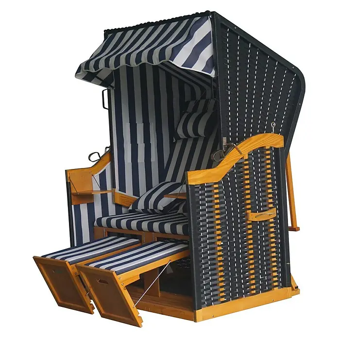 Acamp Strandkorb Sylt - L x B x H: 110 x 81 x 160 cm, Holz, Polyrattan, Blau/Weiß/Grau - Strandkorb mit blau-weiß gestreiften Polstern und Holzrahmen. Ideal für entspannte Stunden am Strand oder im Garten.
