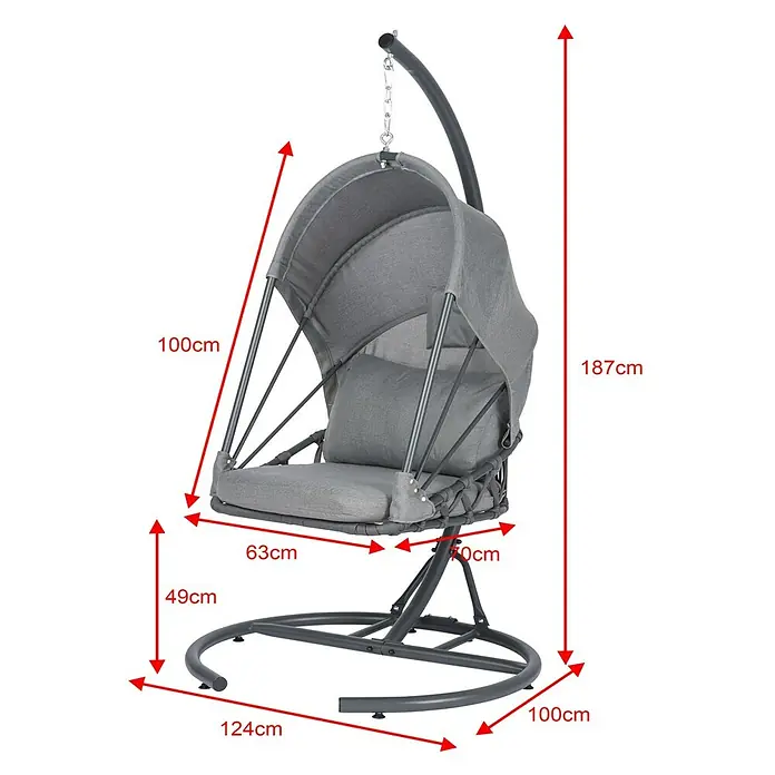 Acamp Hängesessel Moon - L x B x H: 124 x 100 x 185 cm, Stahl, Polyester, Grau - Abbildung eines grauen Hängesessels mit Maßangaben. Ideal zum Entspannen im Garten oder auf der Terrasse.