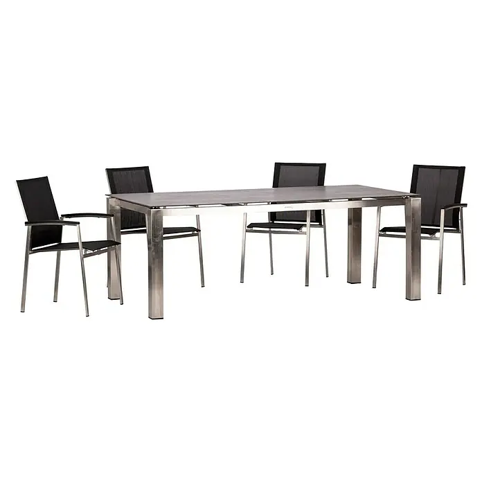 Acamp Gartenmöbel-Set Auris - 5 -tlg., Edelstahl, Polywood, Keramik, Stapelbar, Silber/Schwarz - Ein stilvolles Ess-Set mit einem Tisch aus gebürstetem Edelstahl und vier dazu passenden Stühlen.