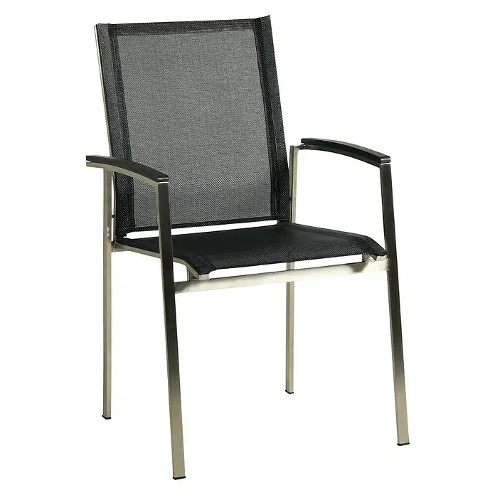 Acamp Gartenmöbel-Set Auris - 7 -tlg., Edelstahl, Silber/Schwarz - Ein stilvoller, moderner Stuhl mit einem silbernen Rahmen und schwarzem Netzstoff für Sitz und Rückenlehne. Komfort und Ästhetik vereint.