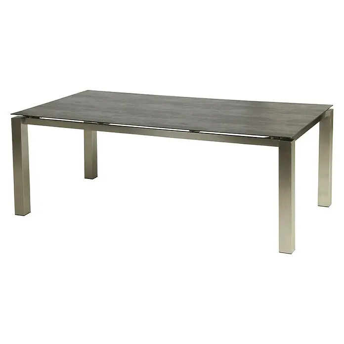 Acamp Gartenmöbel-Set Auris - 5 -tlg., Edelstahl, Polywood, Keramik, Stapelbar, Silber/Schwarz - Bild eines modernen Esstisches mit einer grauen Tischplatte und silberfarbenen Beinen. Dieser Tisch ist ideal für den Essbereich.