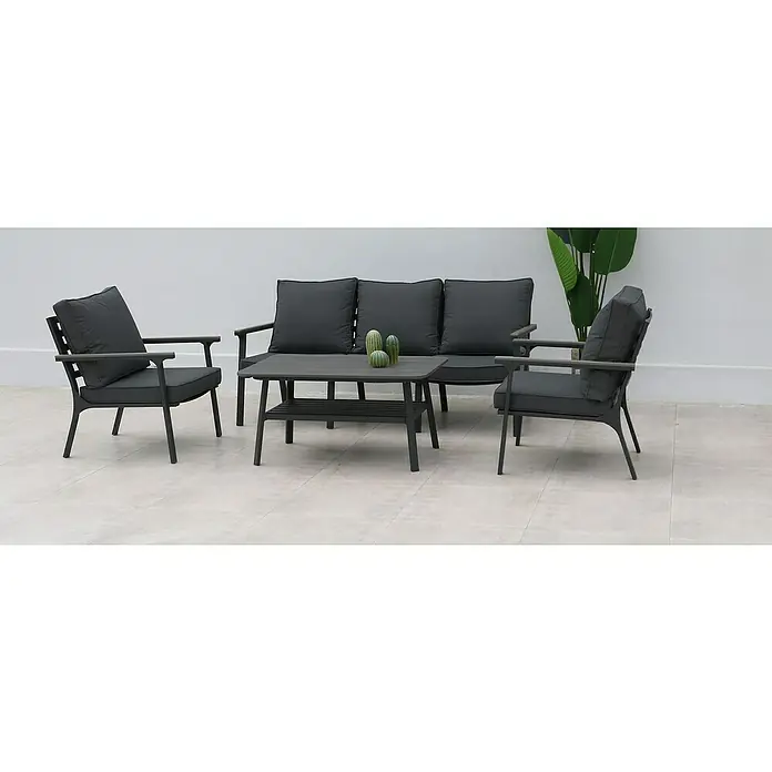 Acamp Loungemöbel-Set Samos - 4 -tlg., Aluminium, Polywood, Polyester - Elegante graue Gartenmöbel-Set mit Sofa, Sesseln und Tisch. Ideal für stilvolle Entspannung im Freien und gemütliche Stunden auf der Terrasse.