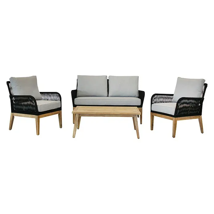Acamp Loungemöbel-Set Mykonos - 4 -tlg., Akazie, Polyester, Grau - Elegantes Outdoor-Sitzensemble mit einem Sofa, zwei Sesseln und einem Couchtisch, perfekt für entspannte Stunden im Freien.