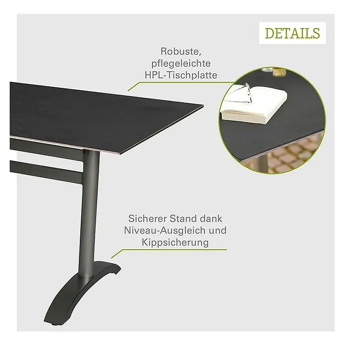 Acamp Gartenmöbel-Set New Jersey/HPL - 5 -tlg., Aluminium, HPL, Acatex, Schwarz, Stapelbar - Detailaufnahme eines Tisches mit robuster, pflegeleichter HPL-Tischplatte und sicherem Stand dank Niveau-Ausgleich und Kippsicherung.