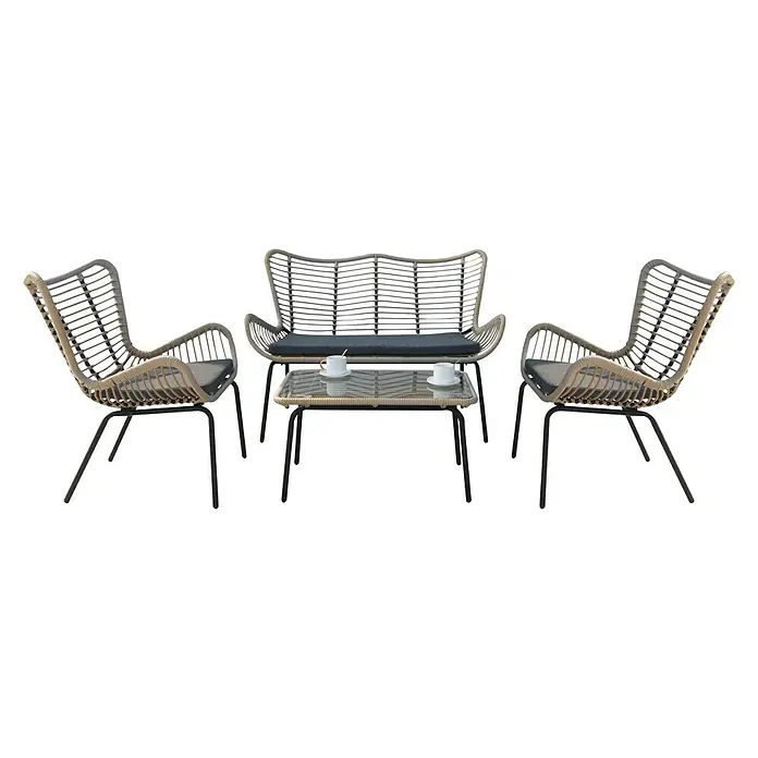 Acamp Loungemöbel-Set Korfu - 4 -tlg., Stahl, Polyrattan, Grau - Gartenset mit Sofa, zwei Stühlen und Tisch. Das Set hat ein modernes Design mit geflochtenen Elementen und ist ideal für den Außenbereich.