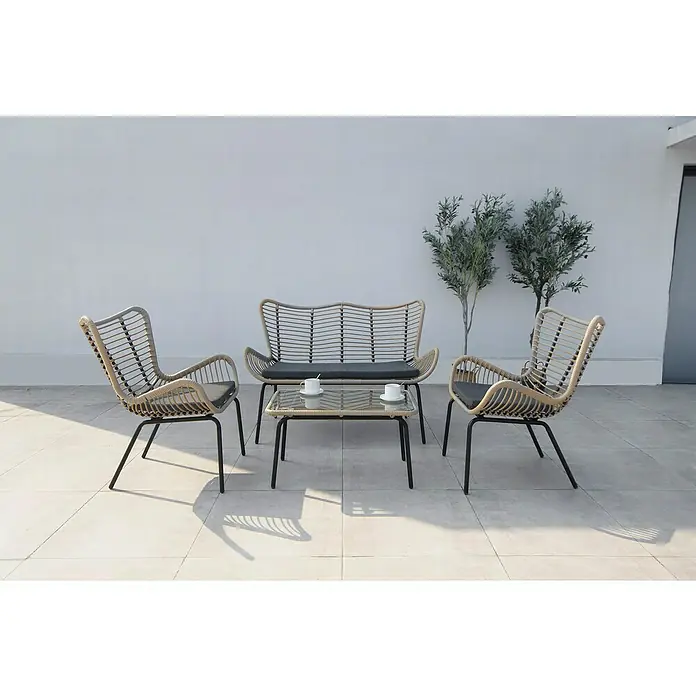 Acamp Loungemöbel-Set Korfu - 4 -tlg., Stahl, Polyrattan, Grau - Gartenmöbelset mit einem Tisch und Stühlen aus Rattan für entspannte Stunden im Freien. Stilvolles Design für den Außenbereich.
