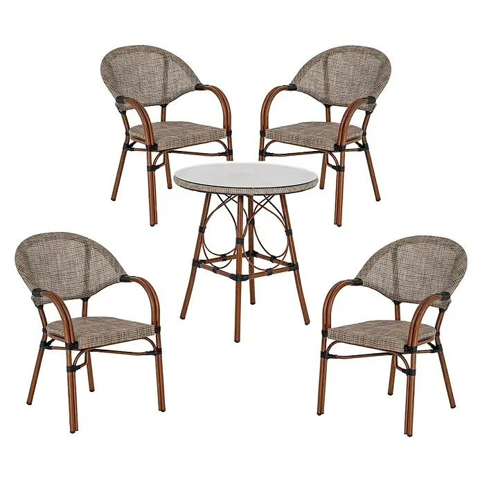 Acamp Balkonmöbel-Set Maui - 5 -tlg., Aluminium, Glas, Grau/Braun - Ein Gartentischset mit vier Armlehnstühlen aus Rattan in Braun und Beige, ideal für den Außenbereich.