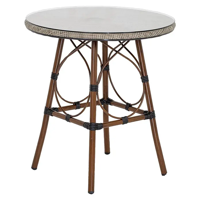 Acamp Balkonmöbel-Set Maui - 5 -tlg., Aluminium, Glas, Grau/Braun - Dieser runde Rattantisch mit braunen Beinen und einer hellen Tischplatte ist eine stilvolle Ergänzung für jeden Raum.