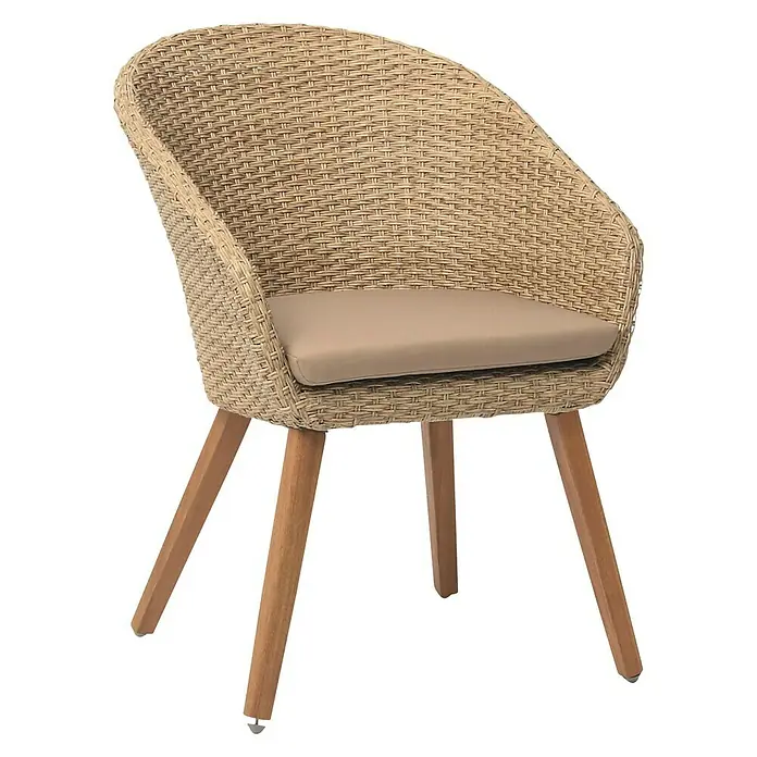 Acamp Gartenmöbel-Set Atacama - 5 -tlg., Aluminium, Polyrattan, Polyester, Braun - Moderner Rattansessel mit beiger Sitzfläche und Holzbeinen. Der Stuhl vereint Komfort und stilvolles Design für den Innen- und Außenbereich.