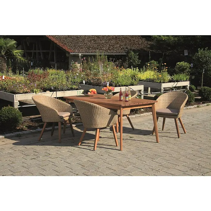 Acamp Gartenmöbel-Set Atacama - 5 -tlg., Aluminium, Polyrattan, Polyester, Braun - Eine Gartengarnitur mit Holztisch und vier Rattanstühlen im Freien, ideal für entspannte Stunden im Garten oder auf der Terrasse.