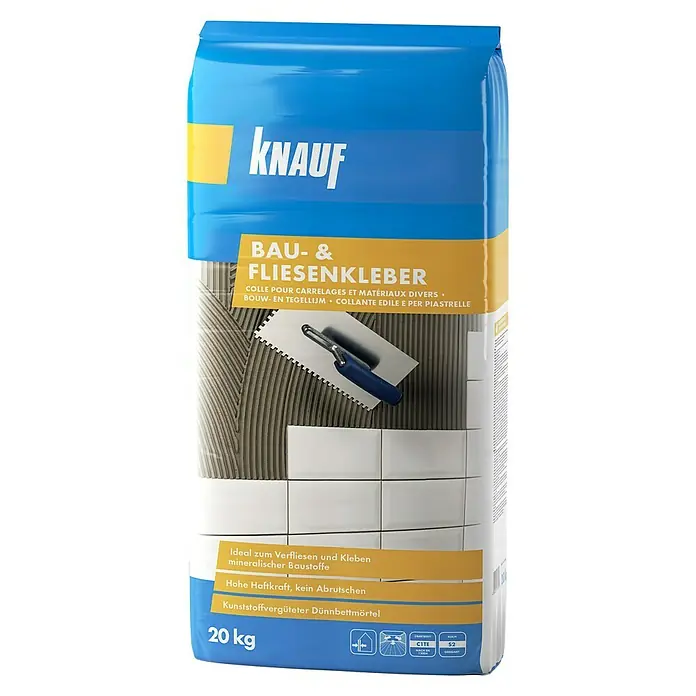 Knauf Fliesenkleber - 20 kg - Sack Knauf Bau- & Fliesenkleber, ein kunststoffvergüteter Dünnbettmörtel für mineralische Baustoffe mit hoher Haftkraft und 20 kg Inhalt.
