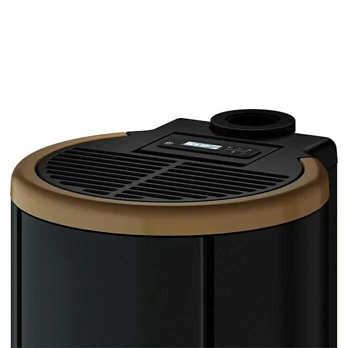 FreePoint Pelletofen Chrome 7 Airtight - 2,5 kW - 7,7 kW, Raumheizvermögen: 55 m³ - 168 m³, Schwarz, Farbe Verkleidung: Dark Gold - Draufsicht auf ein schwarzes Gerät mit bronzefarbenem Rand, einem Lüftungsgitter, Digitalanzeige, Bedienelementen und einem runden Aufsatz.