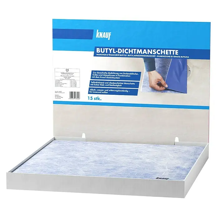 Knauf Butyl-Dichtmanschette - 1 Stk., 370 x 370 mm - Knauf Butyl-Dichtmanschette: Selbstklebende Dichtmanschette für Bodenabläufe, Gullys und Ablaufrinnen. Alkali-, wasser- und witterungsbeständig.