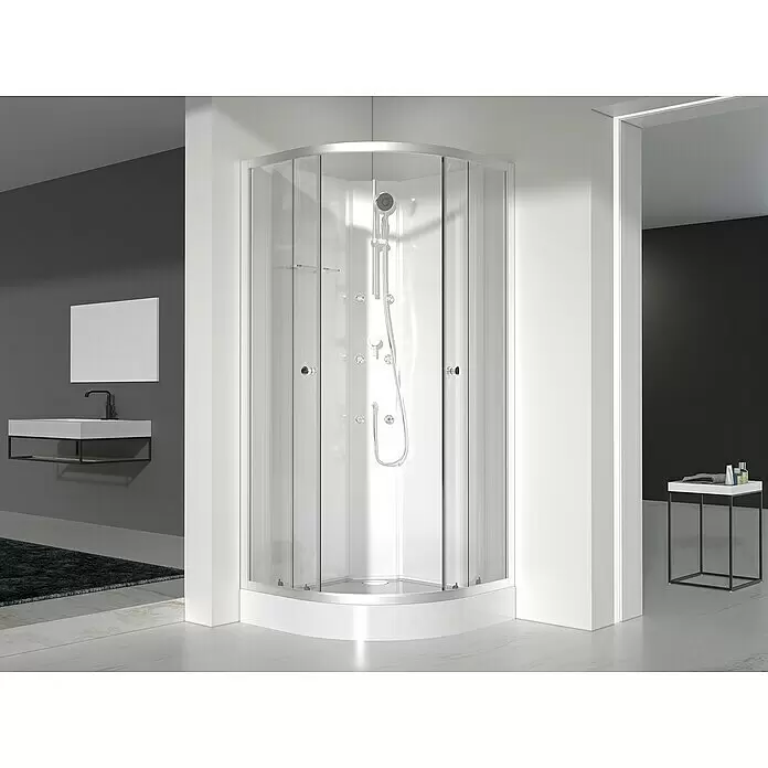 Komplettdusche White Ocean - 90 x 90 x 210 cm, Weiß - Eine gläserne Eckduschkabine mit weißem Rahmen und Wanne in einem modernen Badezimmer.