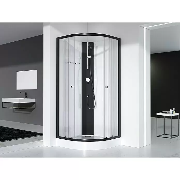 Aurlane Komplettdusche Black Sea - 90 x 90 x 210 cm, Weiß/Schwarz - Moderne Viertelkreis-Duschkabine mit schwarzem Rahmen, Klarglas und integrierter schwarzer Duschsäule in stilvollem Bad.