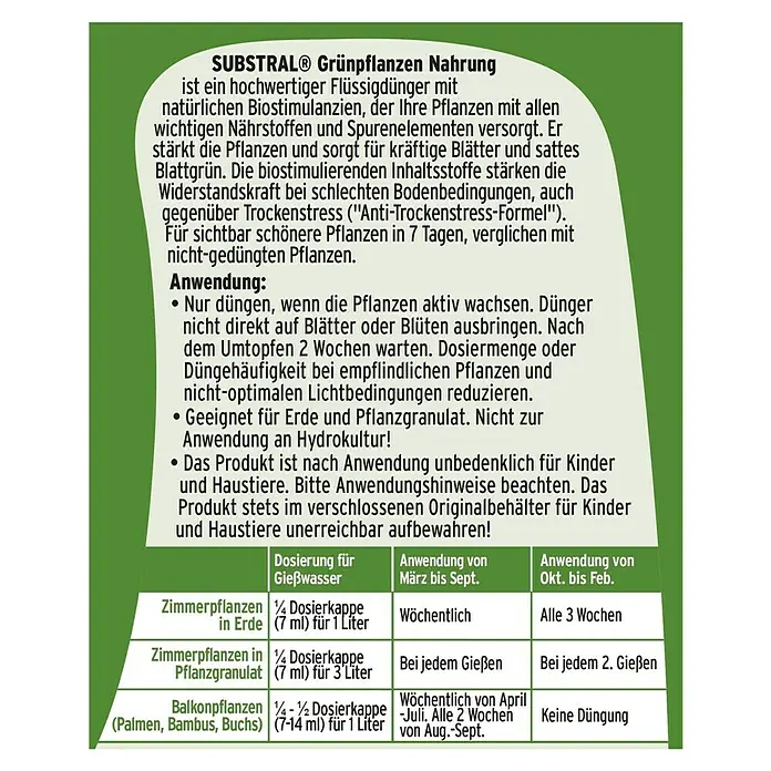 Substral Grünpflanzen-Nahrung - 500 ml - SUBSTRAL® Grünpflanzen Nahrung: Hochwertiger Flüssigdünger für Zimmer-, Balkonpflanzen und mehr. Für kräftiges Wachstum und satte Farben.