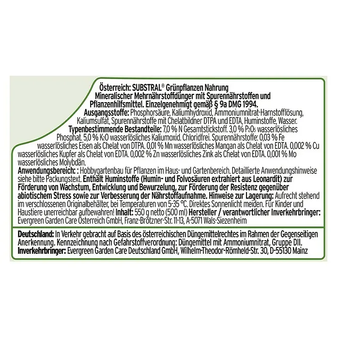 Substral Grünpflanzen-Nahrung - 500 ml - Nahaufnahme der Inhaltsstoffliste von SUBSTRAL® Grünpflanzen Nahrung.
