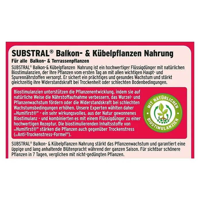 Substral Balkon- & Kübelpflanzen-Nahrung - 1,3 l - SUBSTRAL® Balkon- & Kübelpflanzen Nahrung: Flüssigdünger mit natürlichen Biostimulanzien für üppige Blüten und gesundes Wachstum.