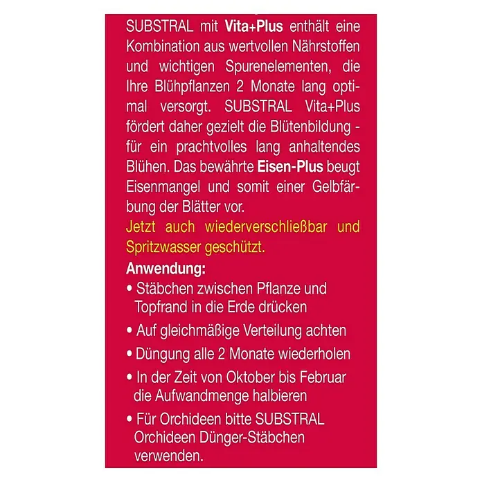 Substral Blühpflanzen-Düngestäbchen - 30 Stk., Passend für: 30 Pflanzen - SUBSTRAL Vita+Plus Blühpflanzen-Düngerstäbchen versorgen Ihre Pflanzen zwei Monate lang mit Nährstoffen und Spurenelementen.