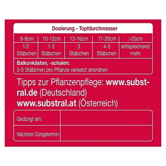 Substral Blühpflanzen-Düngestäbchen - 30 Stk., Passend für: 30 Pflanzen - Detaillierte Dosierungsanleitung für Substral Düngestäbchen, inklusive Angaben zu Topfdurchmesser und Anwendung in Balkonkästen, plus hilfreiche Links zur Pflanzenpflege.