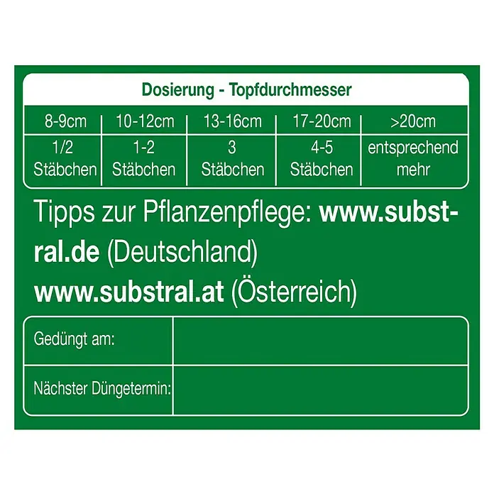 Substral Grünpflanzen-Düngestäbchen - 30 Stk., Passend für: 30 Pflanzen - Informationen zur Dosierung von Substral-Düngestäbchen für verschiedene Topfgrößen, zusammen mit Webseiten für Deutschland und Österreich.