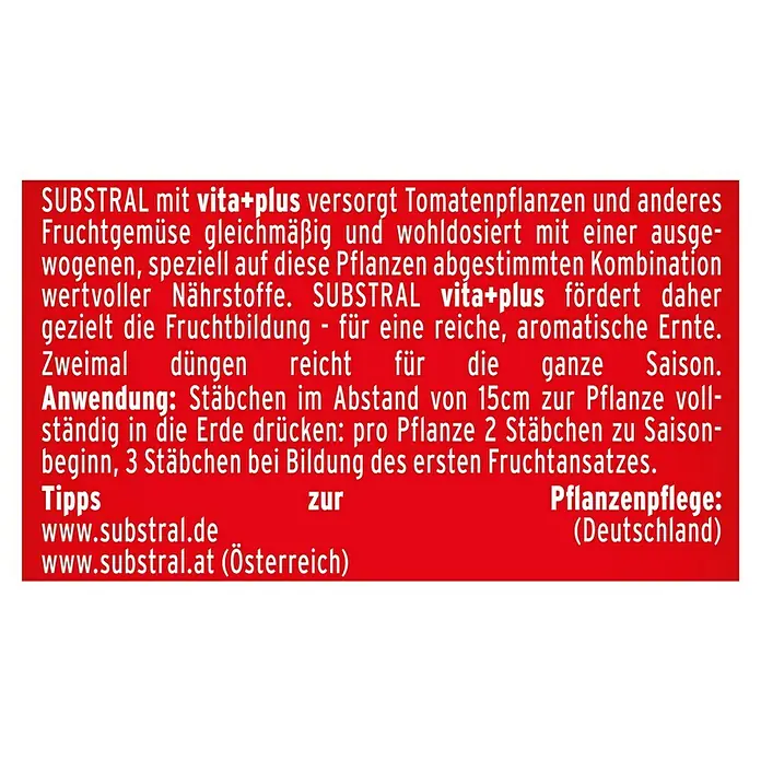 Substral Tomaten-Düngerstäbchen - 10 Stk., Passend für: 10 Pflanzen - SUBSTRAL vita+plus Tomatendünger für eine reiche Ernte. Einfache Anwendung mit Stäbchen für gesunde Pflanzen und aromatische Früchte.
