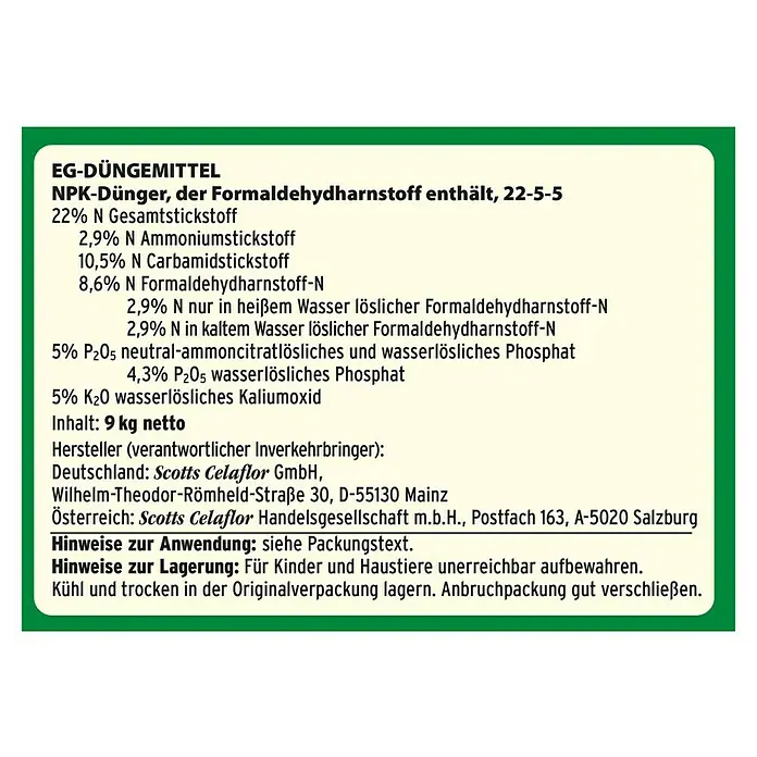 Substral Rasendünger - 2 kg, Max. Anwendungsfläche: 100 m² - Beschriftung des NPK-Düngers mit Formaldehydharnstoff. Enthält 22-5-5 und wiegt 9 kg netto. Hersteller ist Scotts Celaflor GmbH aus Mainz.