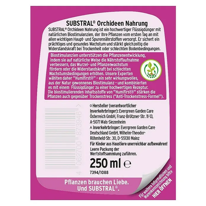 Substral Orchideendünger - 250 ml - Bild der SUBSTRAL® Orchideen Nahrung, einem Flüssigdünger mit Biostimulanzien für prächtiges Wachstum und Stärkung der Pflanzen.