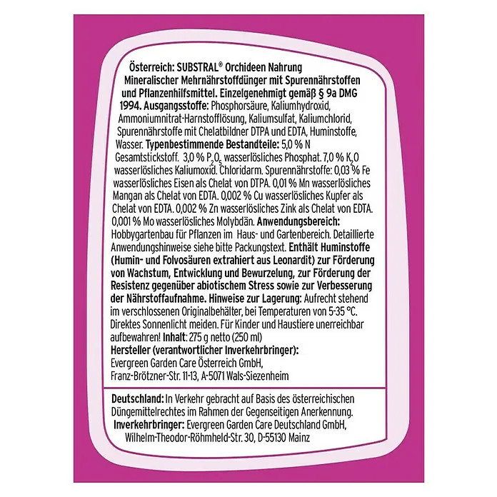 Substral Orchideendünger - 250 ml - Nährwertangaben für SUBSTRAL Orchideen Nahrung, einem mineralischen Mehrnährstoffdünger mit Spurennährstoffen.