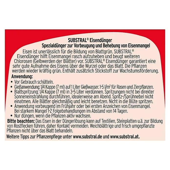Substral Eisendünger - 250 ml - Produktabbildung von SUBSTRAL® Eisendünger, einem Spezialdünger zur Vorbeugung und Behebung von Eisenmangel für grüne und gesunde Pflanzen.