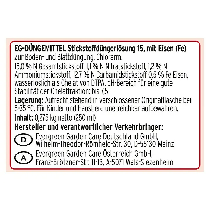 Substral Eisendünger - 250 ml - Etikett einer Stickstoffdüngerlösung mit Eisen.