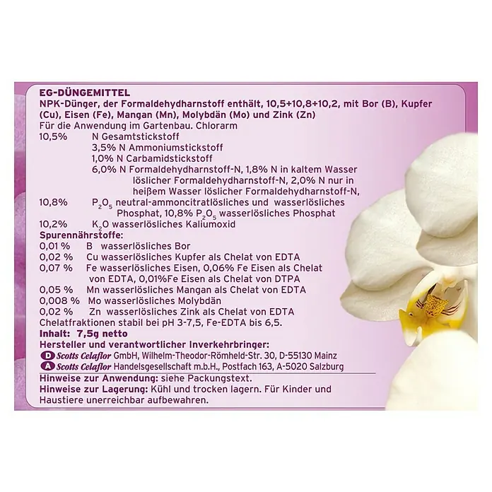Substral Orchideen-Düngerstäbchen - 10 Stk., Passend für: 10 Pflanzen - Nahaufnahme der Nährwertangaben des Scotts Celaflor NPK-Düngers mit wichtigen Spurenelementen.