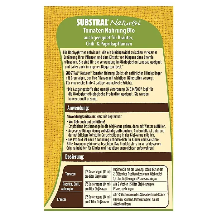 Substral Bio-Tomaten- & Kräuternahrung - 1 l, Max. ausreichend für Flüssigkeitsmenge: 140 l - Informationen zu Substral Naturen Bio Tomaten Nahrung, geeignet für Kräuter, Chili und Paprika Pflanzen.