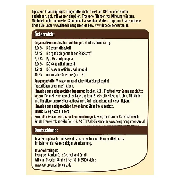 Substral Bio-Tomaten- & Kräuternahrung - 1 l, Max. ausreichend für Flüssigkeitsmenge: 140 l - Etikett eines organisch-mineralischen Volldüngers von Evergreen Garden Care mit Nährwertangaben und Herstellerinformationen.