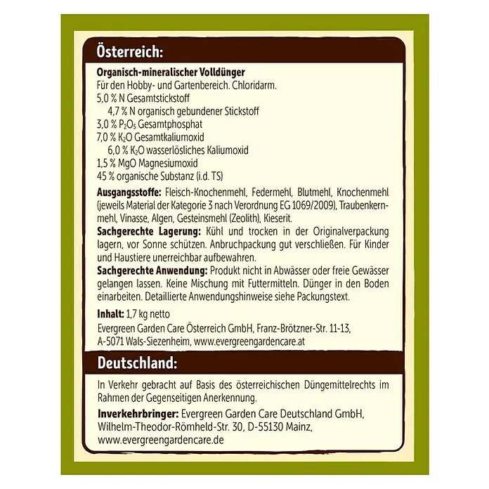 Substral Naturen Bio-Tomatendünger - 1,7 kg, Passend für: 48 Pflanzen - Bild einer Produktinformation für einen organisch-mineralischen Volldünger für Hobby- und Gartenbereiche aus Österreich und Deutschland.
