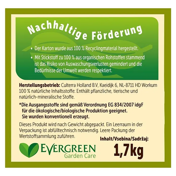 Substral Naturen Bio-Tomatendünger - 1,7 kg, Passend für: 48 Pflanzen - Etikett von Evergreen Garden Care 1,7 kg. Informationen zu Inhaltsstoffen, Hersteller und Nachhaltigkeit des Produkts.