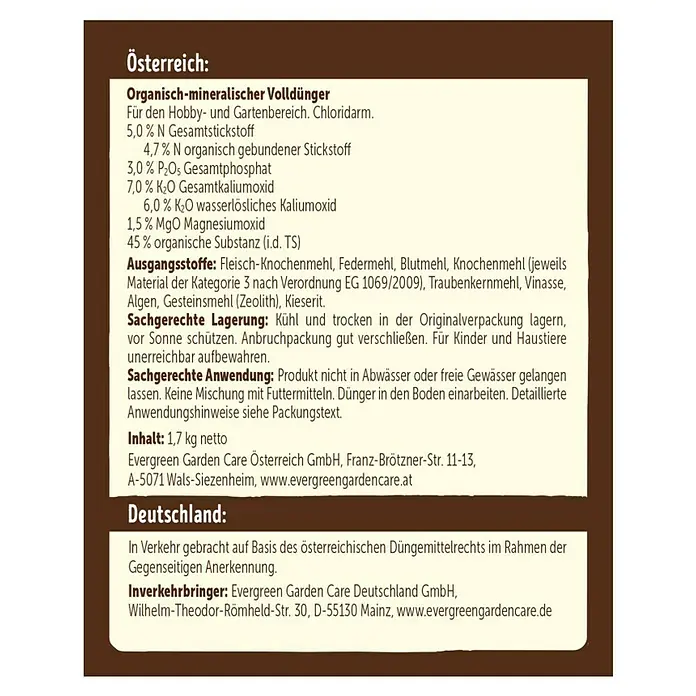 Substral Naturen Beerendünger1,7 kg, Passend für: Bis zu 34 Sträucher - Produktetikett eines organisch-mineralischen Volldüngers für Hobby- und Gartenbereich mit Angaben zu Inhaltsstoffen und Anwendung.