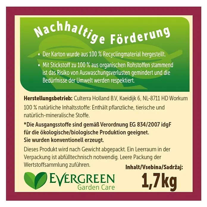 Substral Naturen Beerendünger - 1,7 kg, Passend für: Bis zu 34 Sträucher - Produktetikett von Evergreen Garden Care, das nachhaltige Förderung, Inhaltsstoffe und Gewicht (1,7kg) hervorhebt.