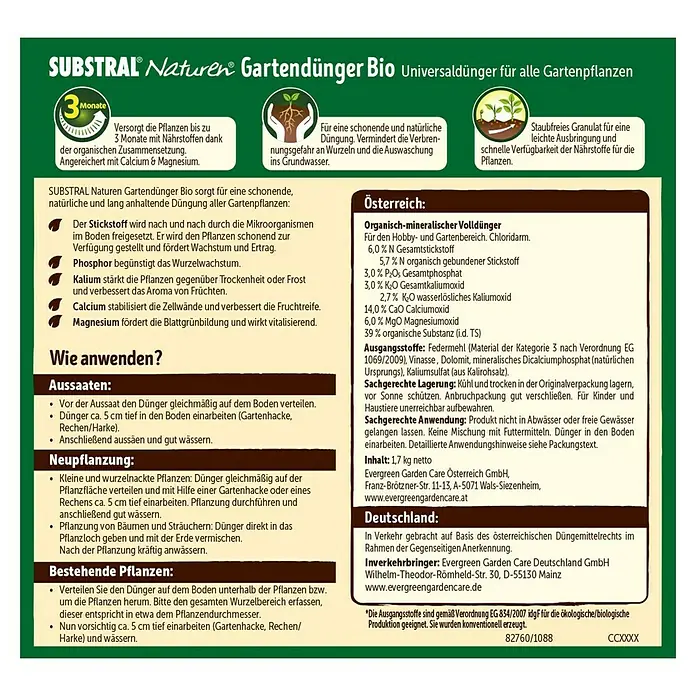 Substral Naturen Bio-Gartendünger - 1,7 kg, Max. Anwendungsfläche: 42 m² - Substral Naturen Gartendünger Bio Universaldünger für alle Gartenpflanzen: Natürliche und lang anhaltende Düngung für gesunde Pflanzen.