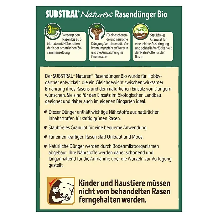 Substral Naturen Rasendünger - 10 kg, Max. Anwendungsfläche: 250 m² - SUBSTRAL Naturen Bio-Rasendünger: Natürliche Rasenpflege für bis zu 3 Monate, schonend für Umwelt, sicher für Wurzeln und Grundwasser.